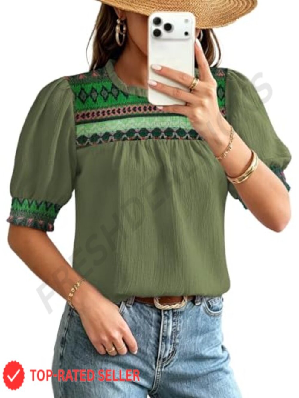Womens Boho Geometric Ruffle Crewneck Puff Sleeve Chiffon Tunic Top
